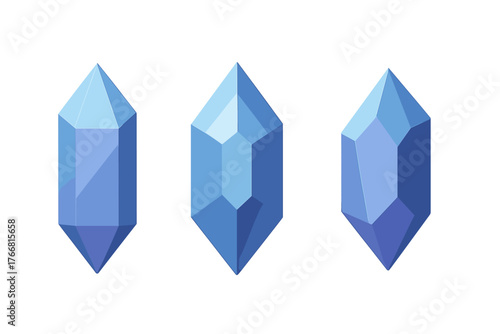 Stylized blue faceted crystals or gemstones isolated on a clean white background
