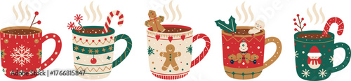 Cute Christmas hot cocoa mugs with candy canes and gingerbread cookies, festive winter drink illustration for holiday design and decoration.