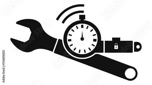 Wrench and timer icon on symbol of repair time, service, and maintenance for industry and business