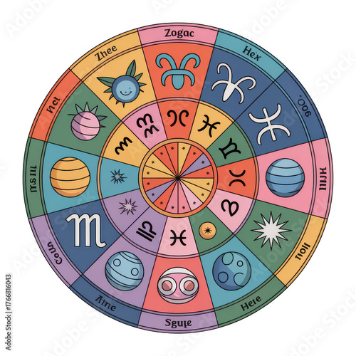 Colorful astrological wheel with zodiac signs and planets isolated on a transparent background