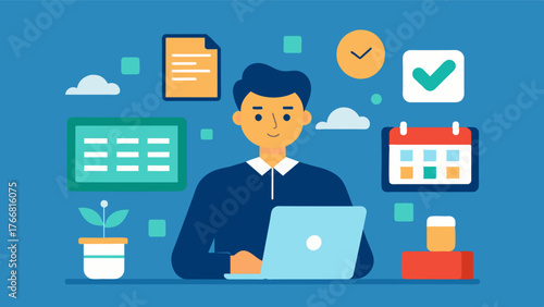 A busy professional using a smart planner that syncs with their digital devices and sends reminders for tasks and appointments reducing cognitive overload and improving. Vector illustration