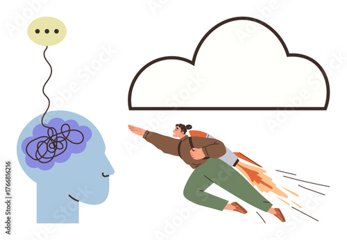 Abstract brain with tangled thoughts linked to speech, person in a jetpack flying toward cloud. Ideal for creativity, problem-solving, mental health, innovation, growth, ambition, resilience simple
