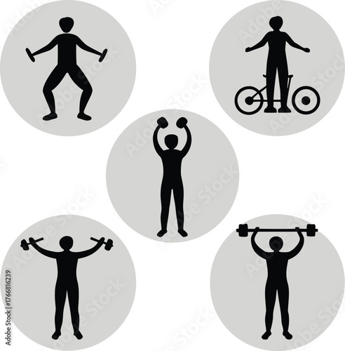 Five black silhouette figures engaged in fitness activities within grey circles exercise people
