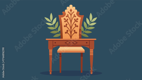An intricately carved wooden chair is pulled up to the desk its backrest adorned with delicate leaf patterns.. Vector illustration