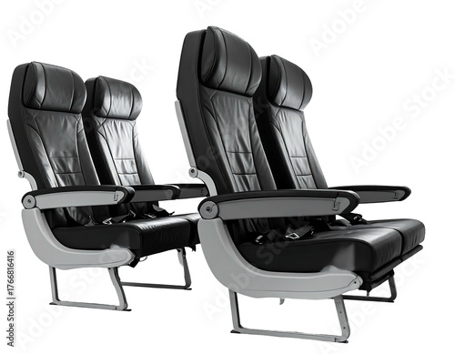 A row of three airplane seats, black leather with light gray trim, reclined, on a transparent background