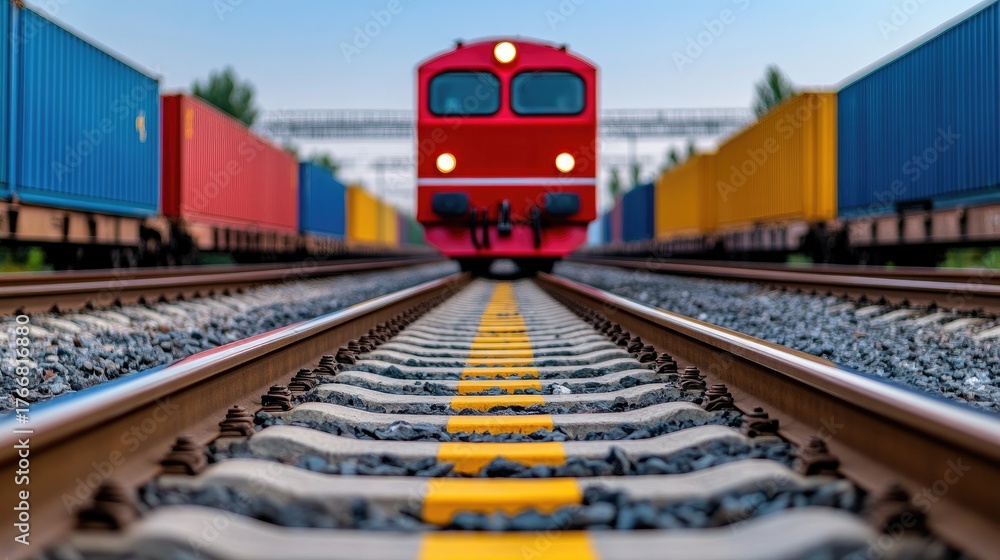 Fototapeta premium A vibrant red cargo train rests on the tracks in an industrial railway yard under midday light amidst colorful shipping containers