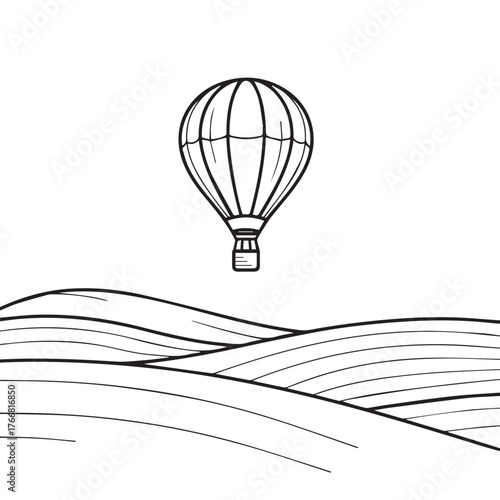 Minimalist line art illustration featuring a classic hot air balloon gracefully floating above undulating, serene hills, evoking a sense of peaceful adventure and freedom in a calm, open landscape