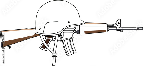 Vector art of rifle and helmet on green background, military equipment illustration