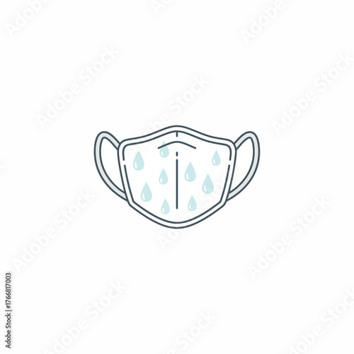 Vector icon of a waterproof face mask with water repellent droplets. Simple line art symbol for moisture protection and fabric technology
