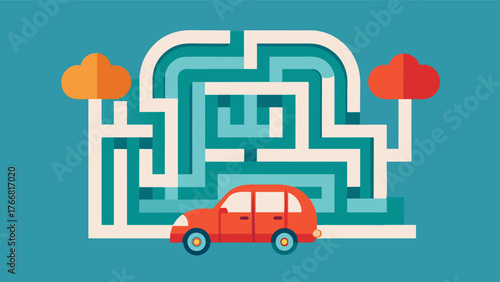 A car navigating through a maze representing the challenges of managing cognitive decline and how CBT can provide a map and guidance towards better mental health.. Vector illustration