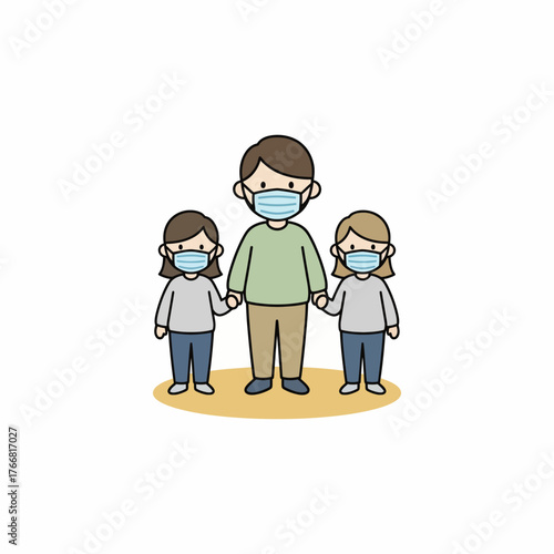 Cartoon illustration of a father holding hands with his two daughters, all wearing protective medical face masks for health safety