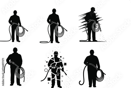 Industrial worker with hose silhouette, power washing concept, construction maintenance illustration, cleaning professional design, pressure washer man industrial safety scene