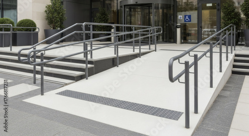 Exterior view of building entrance with ramp and revolving door access