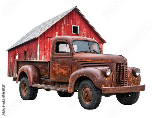 A rusty, vintage truck stands before a red barn, evoking a sense of rural, aged Americana on a black background