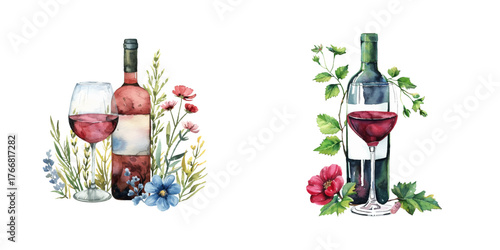 floral wine watercolor vector illustration