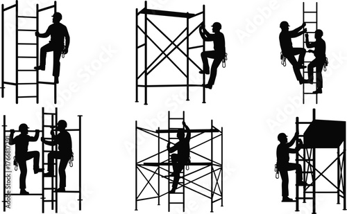 Construction workers climbing scaffolding, safety harness silhouettes, teamwork concept, industrial labor, building maintenance, construction safety, workplace illustration, 