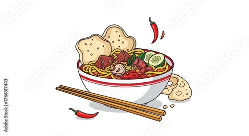 A savory bowl of Indonesian bakso meatball noodle soup with fresh chili and crispy crackers vector art