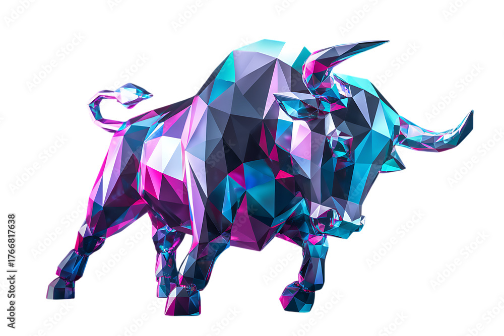 Obraz premium Geometric Bull Sculpture Radiating Vibrant Colors on a White Background