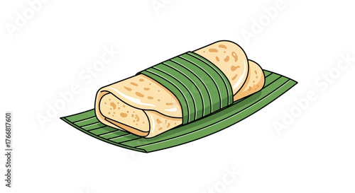 Hand-drawn illustration of a classic Asian dessert, a rice pancake roll delicately wrapped in green banana leaves