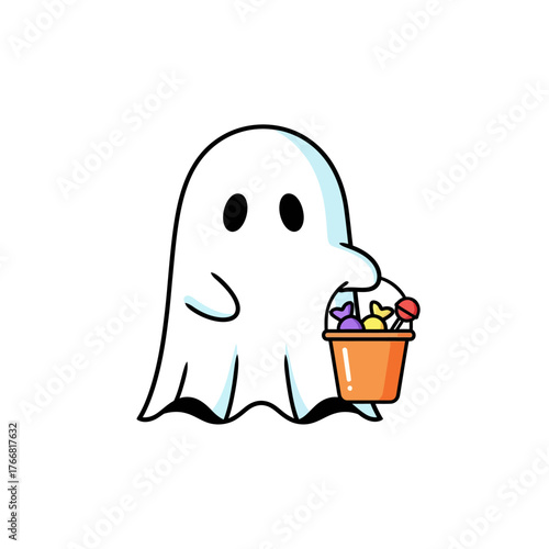 Cute cartoon ghost illustration holding an orange trick-or-treat bucket filled with colorful Halloween candies, ideal for festive spooky season graphic designs