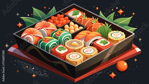Very beautiful, delicious sushi rolls in a delivery box on a black background, Japanese cuisine, fresh seafood, elegant presentation, modern dining concept, and appetizing gourmet meal to enjoy.