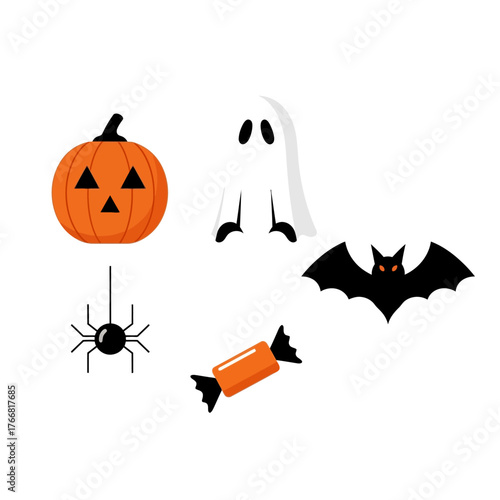 Festive Halloween Icons Spooky Pumpkin, Ghost, Bat, Spider, and Candy for Seasonal Decorations