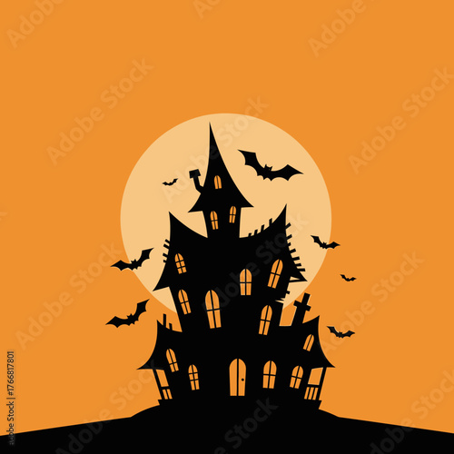 Spooky Mansion Silhouette Against a Full Moon Halloween Night Ambiance