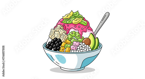 Delicious bowl of shaved ice dessert with fresh fruits and toppings illustration