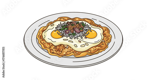 Hearty and delicious breakfast plate featuring a crispy savory base topped with perfectly cooked sunny-side-up eggs and flavorful garnishes, an inviting culinary illustration