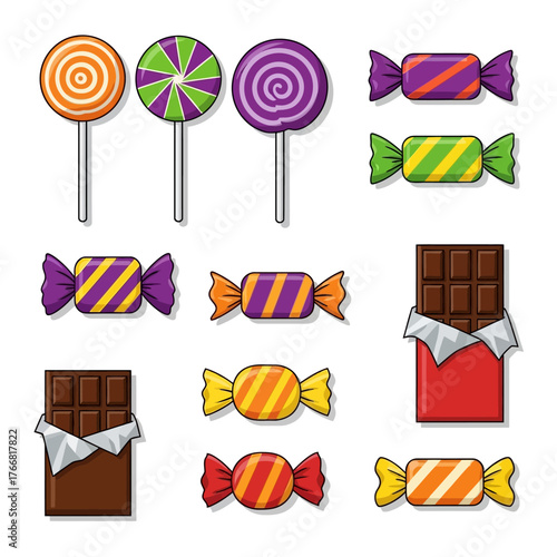 Colorful confectionery ensemble featuring classic swirl lollipops, various wrapped sweets, and delectable chocolate bars, a vibrant array for any sweet-themed design project