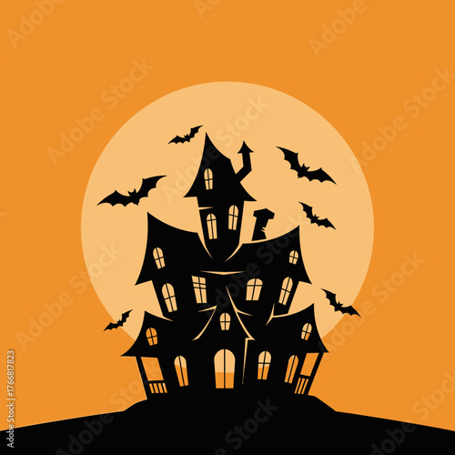 Spooky Mansion Silhouette with Full Moon and Bats for Halloween