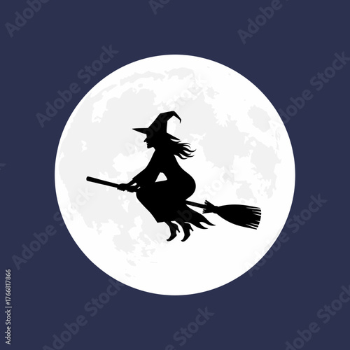 Obraz na płótnie Silhouette of a witch on a broomstick flying across a full moon against a dark b