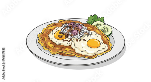 Hand-drawn illustration of a delicious Asian savory pancake topped with two fried sunny-side-up eggs