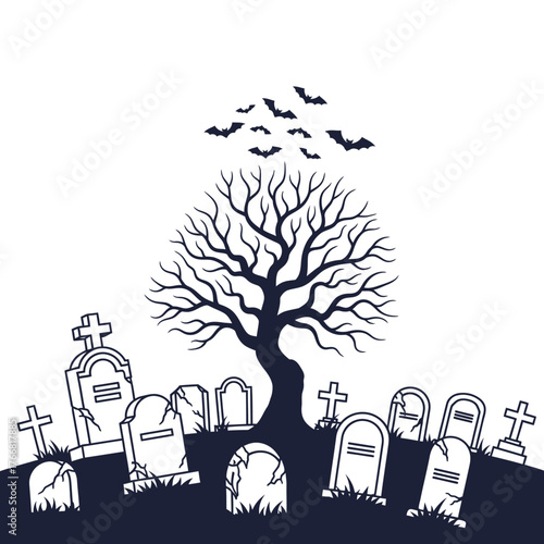 Eerie graveyard silhouette featuring a gnarled, bare tree surrounded by numerous old gravestones and flying bats, perfect for Halloween, spooky events, and horror-themed designs