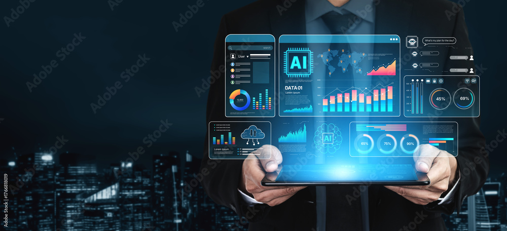Fototapeta premium AI Assistant Brain Processor with LLM Technology, Big Data, Machine Learning, Generative AI for Business Support, Future Agentic AI Technology and Artificial Intelligence Prompt Engineering. Spline