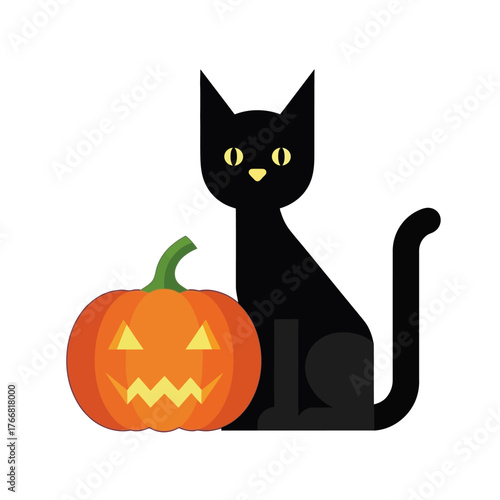 Classic Halloween black cat and carved pumpkin illustration, a spooky and festive graphic perfect for seasonal decorations and invitations