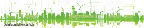 a simple vector illustration of an urban skyline made from green buildings, with solar panels and wind turbines along the horizon line on a white background