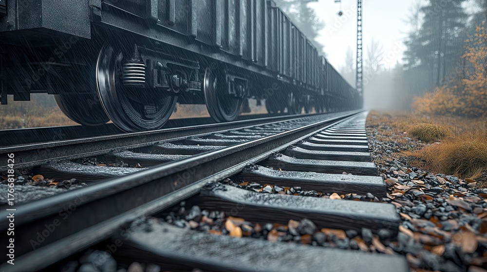 Obraz premium Gray cargo train glides along industrial railway tracks amidst towering cranes in daylight