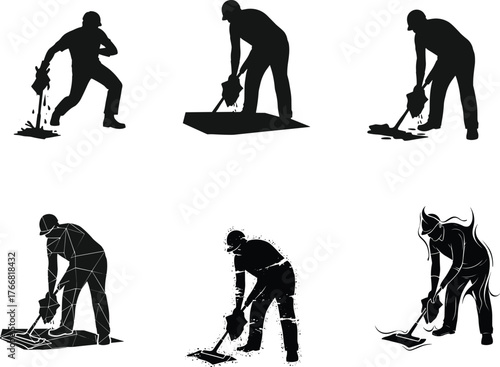 Silhouette illustration of construction worker using jackhammer tool, road repair, demolition, industrial work, safety concept, heavy equipment, construction industry