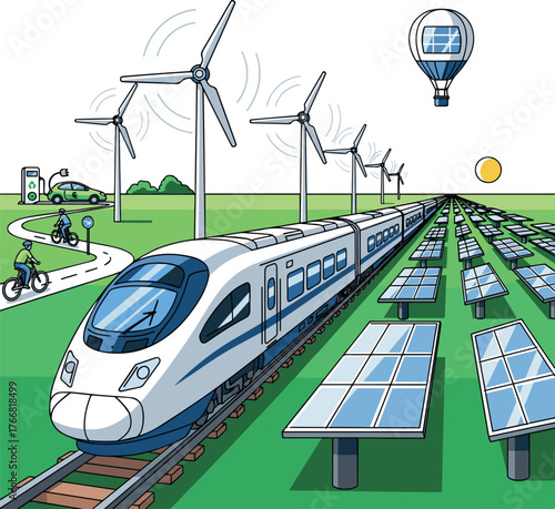 Isolated a kinds of deferent Sustainable transportation concept. Trian passing through fields with solar panels and wind turbines. Rail transport sustainability. vector art with white background..