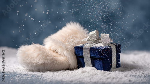 Festive blue gift box with silver ribbon and fluffy winter slippers on snowy surface for holiday celebration