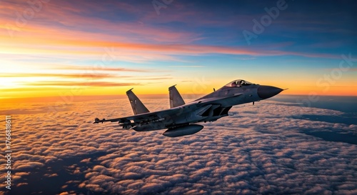 Fighter jet soars through a vibrant sky, above fluffy clouds at sunrise