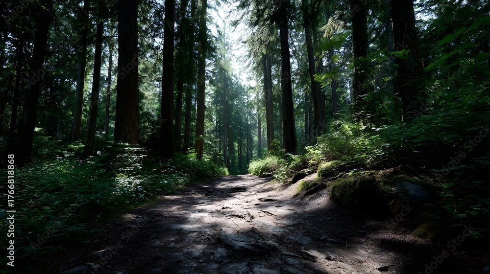 Fototapeta premium A sun d d forest trail winds through a dense woodland with light rays illuminating the path ahead
