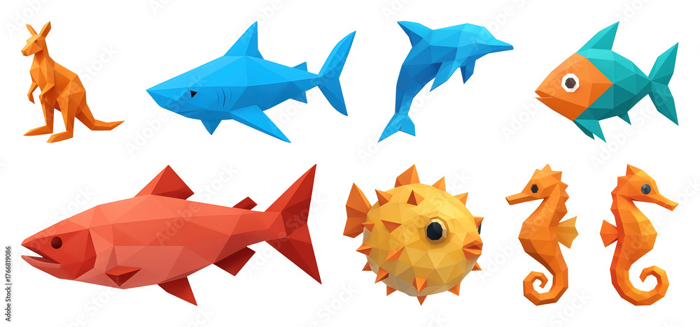 Naklejka premium PNG Colorful geometric marine animals, element set on transparent background