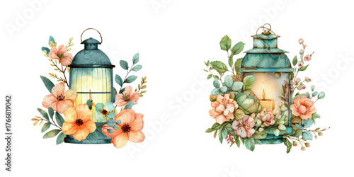 lantern and flowers watercolor vector illustration