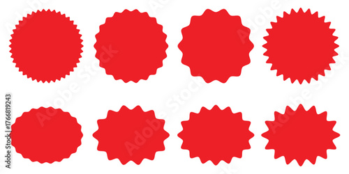 Set of sale sticker, price tag, starburst, sunburst badges, quality mark, sunburst badges, retro stars. Wavy edge. Star burst shape. Promo stickers with star edges. Sale or discount badge icon.