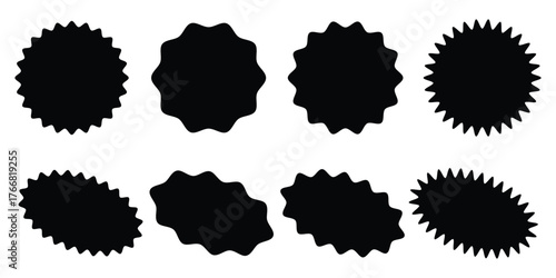 Set of black star burst shape tags for price. Circle sticker. Wavy edge promo badges. Blank sale stickers collection. Design elements of Price sticker, sale sticker, starburst, quality mark, retro.