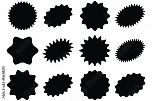Set of black star burst shape tags for price. Circle sticker. Wavy edge promo badges. Blank sale stickers collection. Design elements of Price sticker, sale sticker, starburst, quality mark, retro.