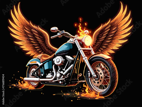 Vector t-shirt design with biker motorcycle with fire wings on black background. Fashionable print for fabric, paper, men clothing, hoodie, biker jacket. T shirt template.