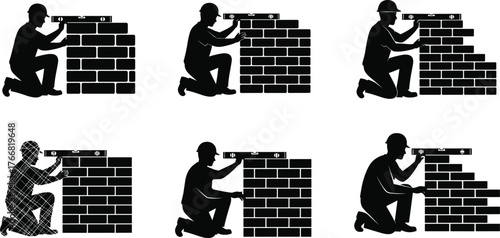 Silhouette of bricklayer using level tool, construction worker building wall, masonry concept, industrial labor, professional craftsmanship illustration